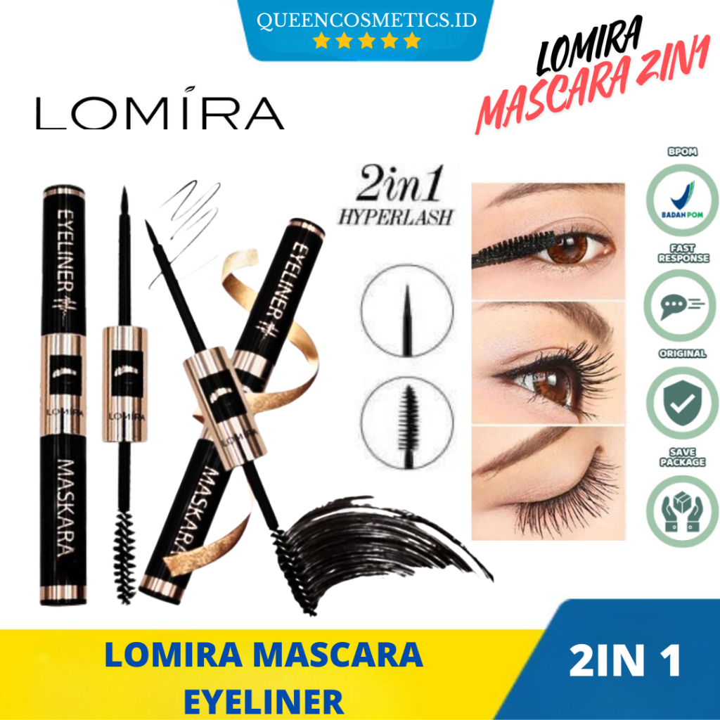 𝗤𝗨𝗘𝗘𝗡𝗖𝗢𝗦𝗠𝗘𝗧𝗜𝗖𝗦 - Maskara Waterproof Murah / Kosmetik Wajah  LOMIRA 2 IN 1 EYELINER MASCARA