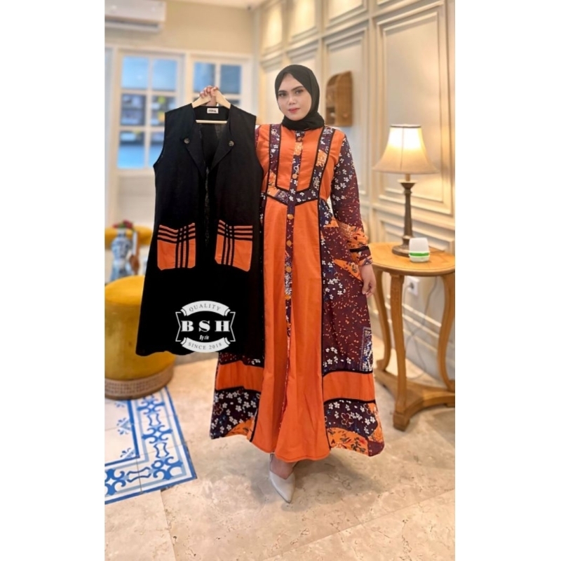 gamis rompi lepas motif bunga bahan linen buat harian dan pesta