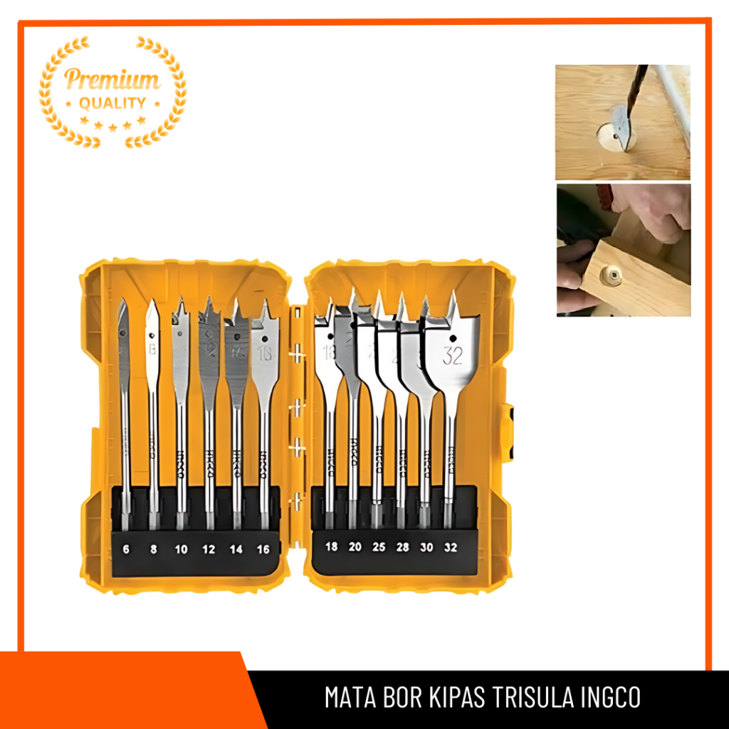 INGCO AKDL1201 Mata Bor Kipas Trisula Set 12 Pcs 6-32mm Flat Wood Drill Bits Pisau Bor Kayu Hole Saw