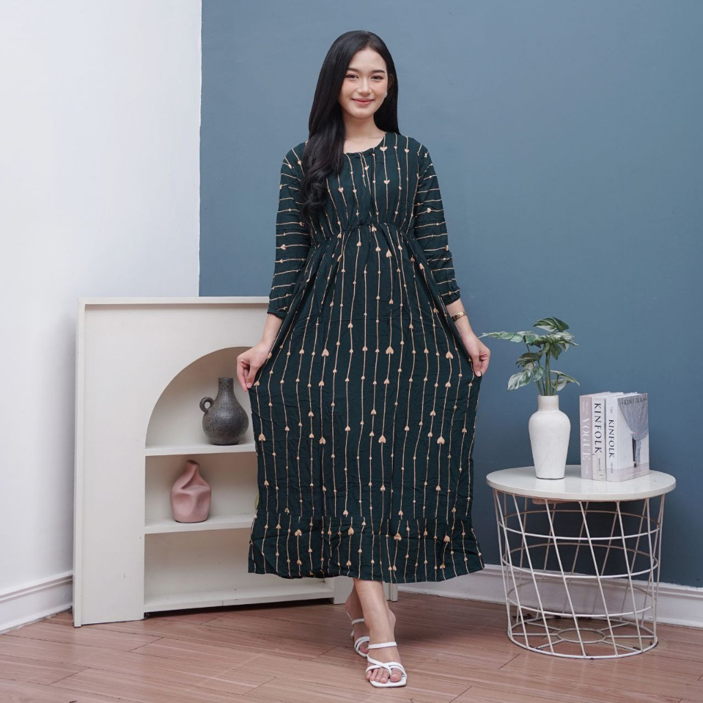Daster Busui Midi Dress Kekinian Rayon Lengan Panjang Karet Dada  Resleting Depan Ld 110Cm