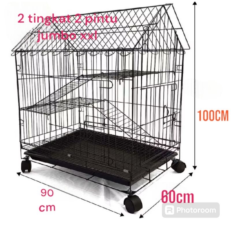 Kandang Kucing 2 Tingkat Atap Rumah ukuran 90x60x100 Musang Hamster Kelinci Tupai Bajing Iguana Gara