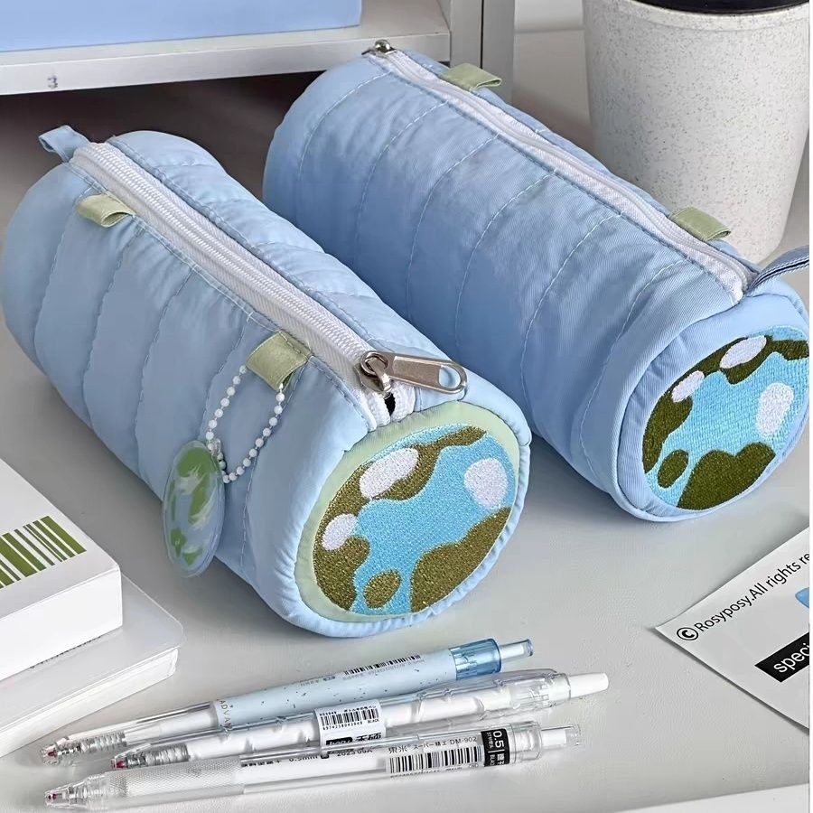 

Earth cylinder pencil case cute stationery box student storage bag portable large capacity blue stationery bag