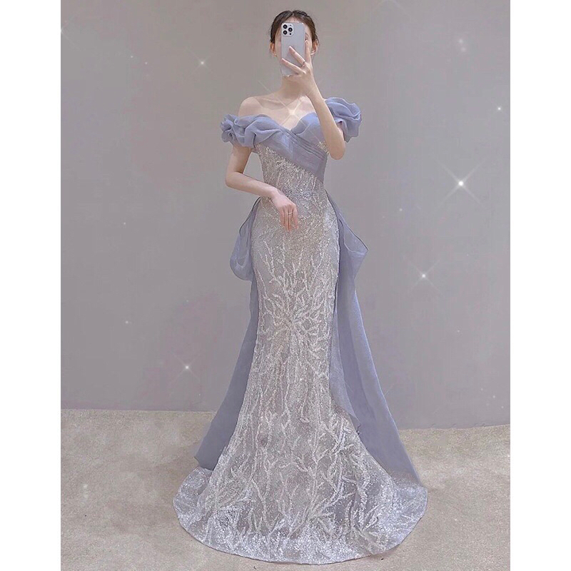 Blue Off Shoulder Fishtail Evening Dress 2024 Spring New Fairy Elegant Sequins Bridal Toast Party Ho