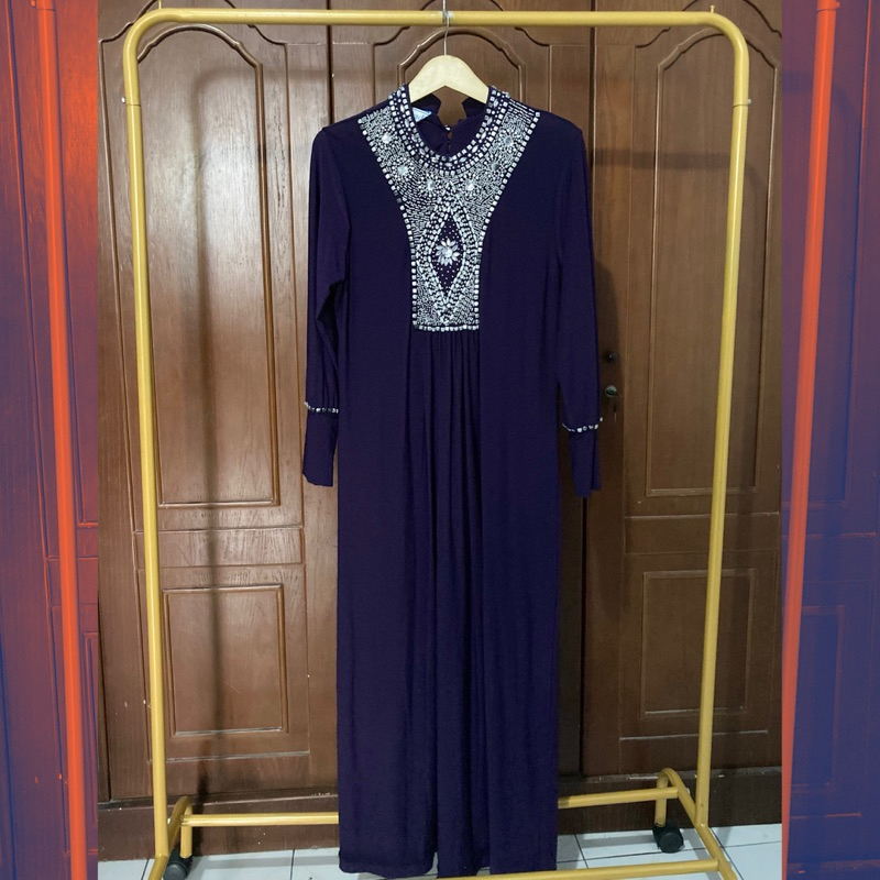 [PRELOVED 9] Gamis Wanita Ungu Violet Bahan Jersey Khadi Busana Adem dengan Payet Manik Manik Silver