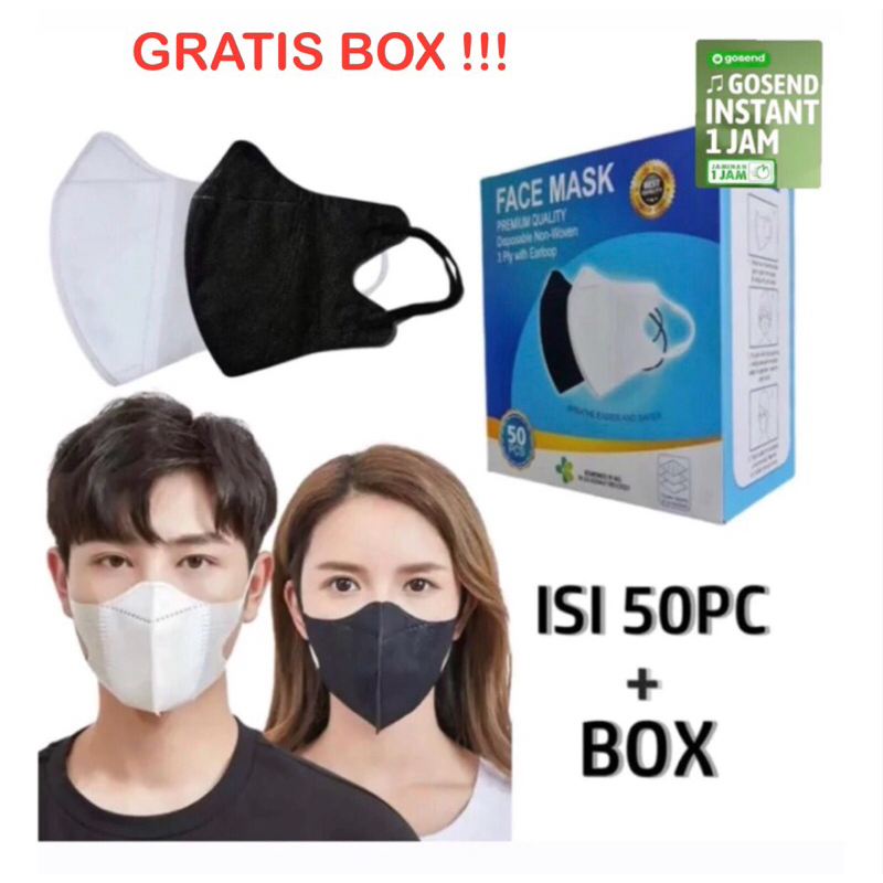 MASKER DUCKBILL 3PLY  BERGARIS DEWASA PREMIUM FACEMASK ISI 50PCS PER BOX MASKER DUCKBILL HITAM PUTIH