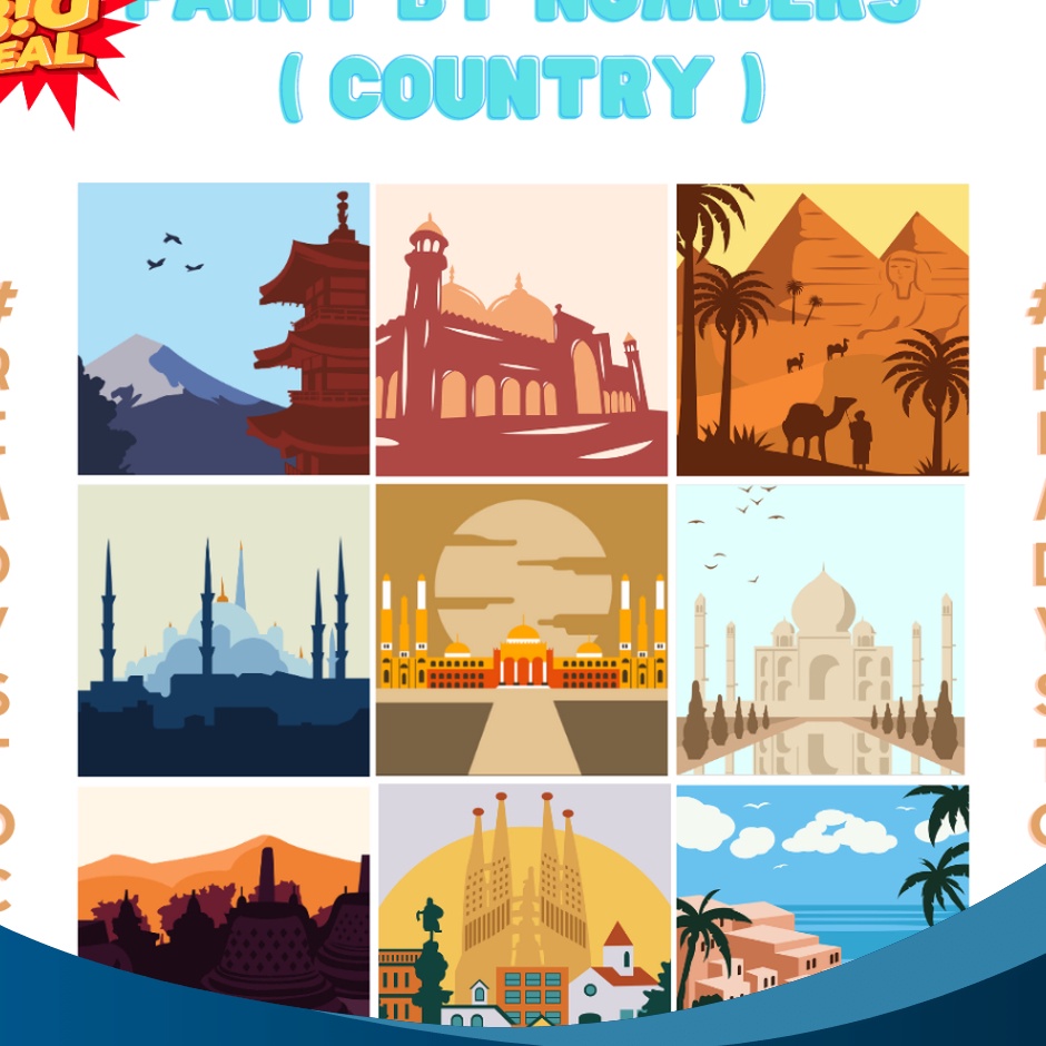 

UNIK Paint By Number Kit Country l DIY Paint by Number KIT l Canvas Lukisan 2 x 2 cm yemen india japan mesir maroko pakistan spanyol