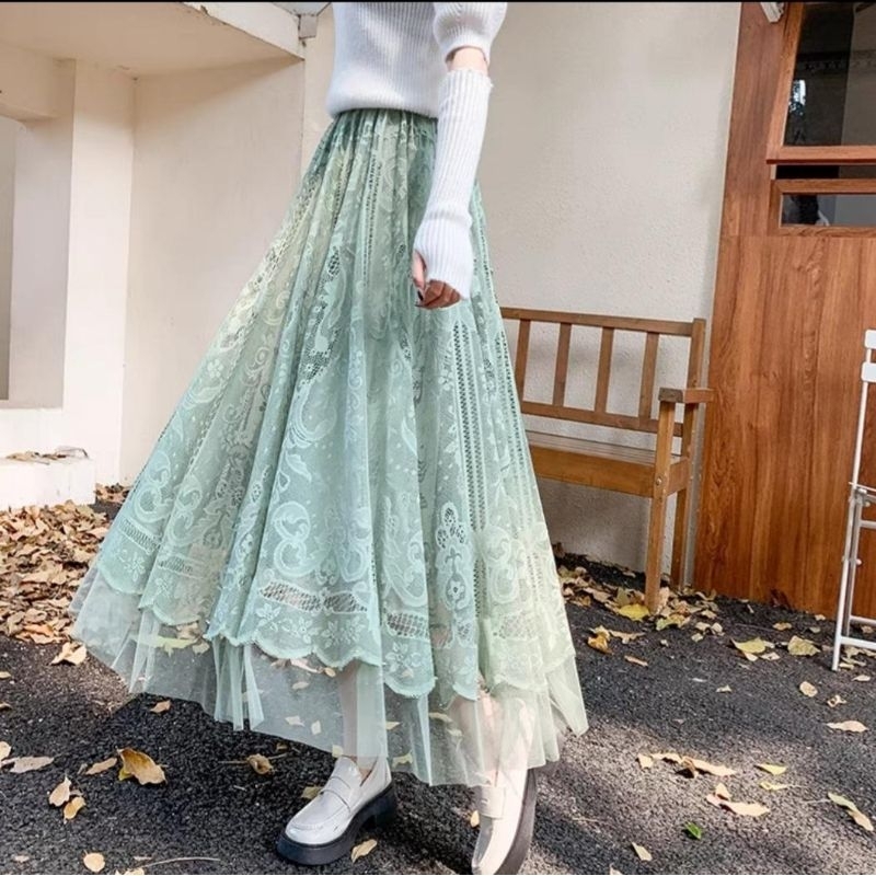 9755 Rok panjang ELEZARA LACE ELASTIC WAIST MAXI LONG SKIRT tile brokat mewah Korean style wanita pr