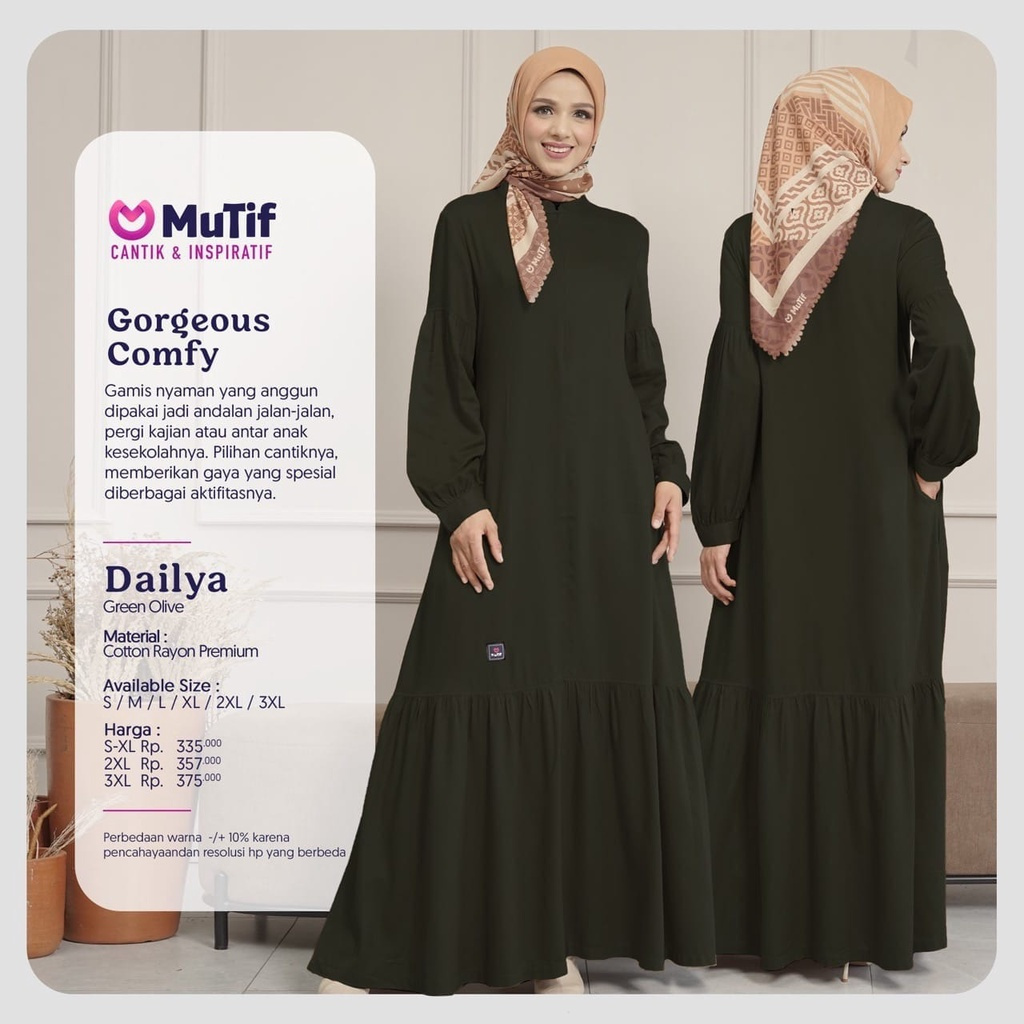 MUTIF Dailya Dress Green Olive - Fashion Muslim Pakaian Muslim Wanita Baju Dress Gamis Polos Bahan C
