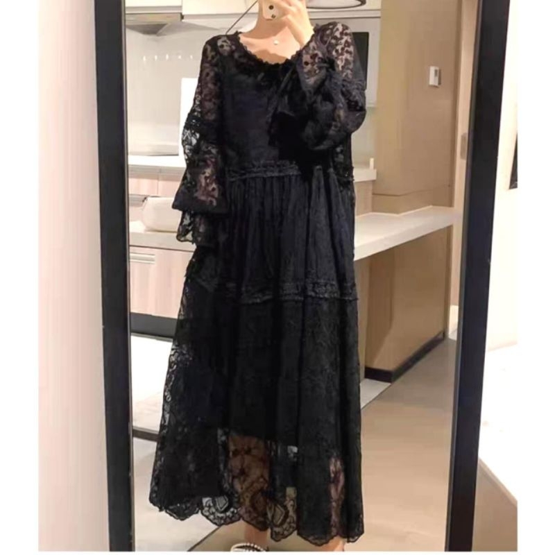 14029 (Set Inner DRES) Baju Mididress GILBERTA LACE BABYDOLL DRESS tile brokat Lengan panjang hitam 