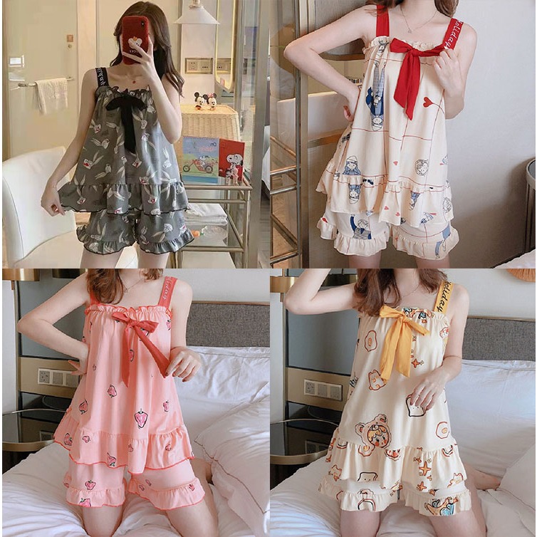 vii Baru Baju Tidur Wanita Piyama Baby Doll Setelan Perempuan Dewasa Tanpa Lengan Celana Pendek