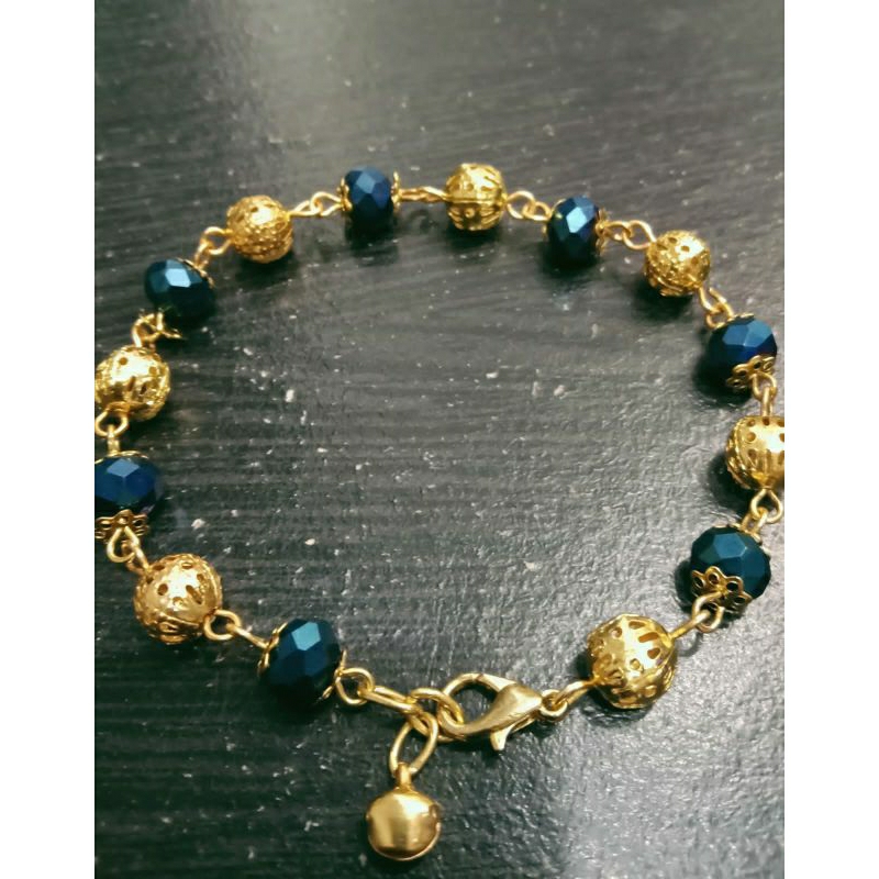 gelang tangan cantik kristal Biru mengkilap variasi bola bola lapis emas gold