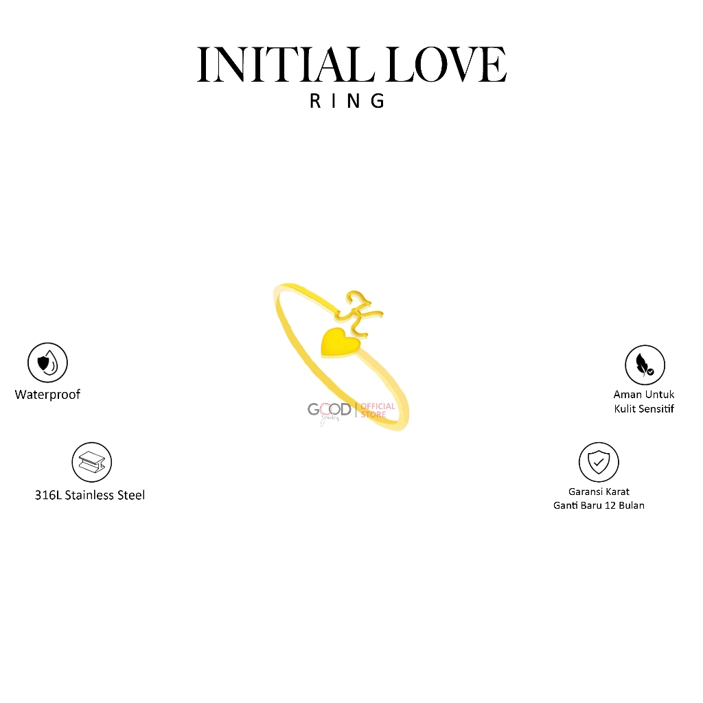 Cincin Huruf TItanium 316L Stainleess Steel Lapis Emas 18K - Initial Love Ring