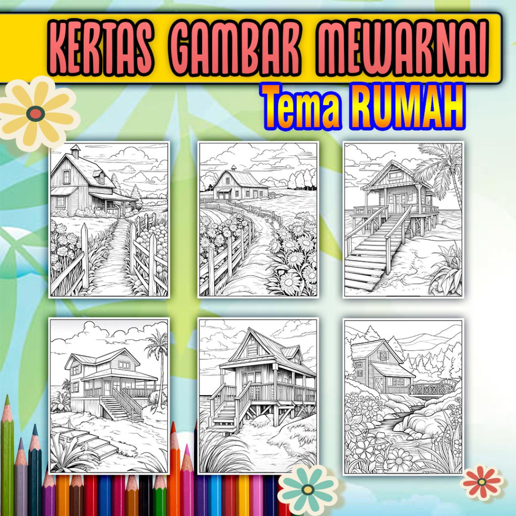 

Kertas Mewarnai Anak paud, sd, smp, sma maupun dewasa kertas tebal ukuran A4 tema RUMAH