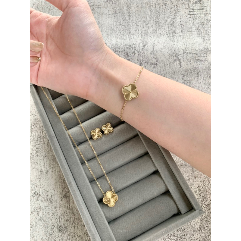 Set Kalung Gelang Titanium Premium Import Clover Bunga Aksesoris Fashion Wanita Perhiasan Simple Ele
