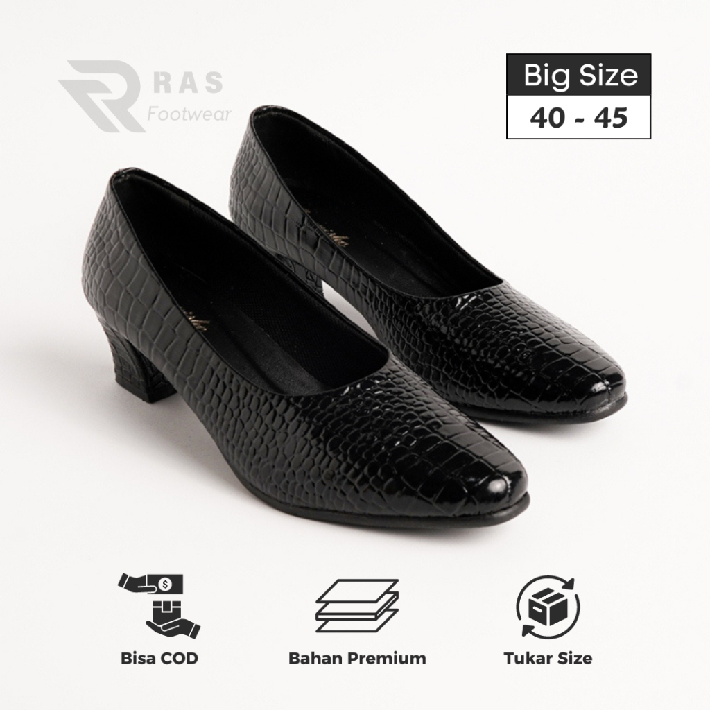 Pricilla Black - Sepatu Pantofel Wanita Ukuran Jumbo 40 41 42 43 44 45 | Sepatu Formal Kulit Croco