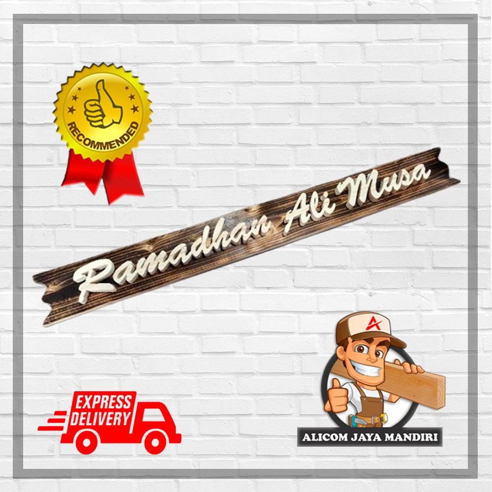 tulisan kayu timbul latin 15 sampai 20 huruf dari kayu Jati belanda