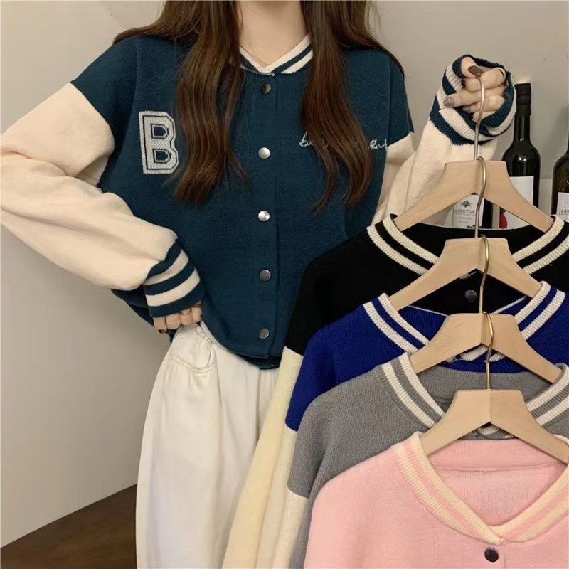 Jaket Baseball Rajut Wanita Import Premium Lengan Panjang