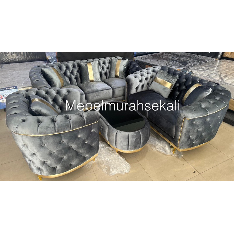 (PROMO) Sofa Chesterfield 321 Bludru Turkey Premium Import + Meja