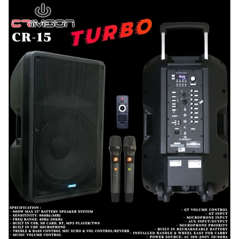 SPEAKER PORTABLE WIRELESS CRIMSON CR-15 TURBO SPEAKER MEETING CRIMSON CR15 15 INCH