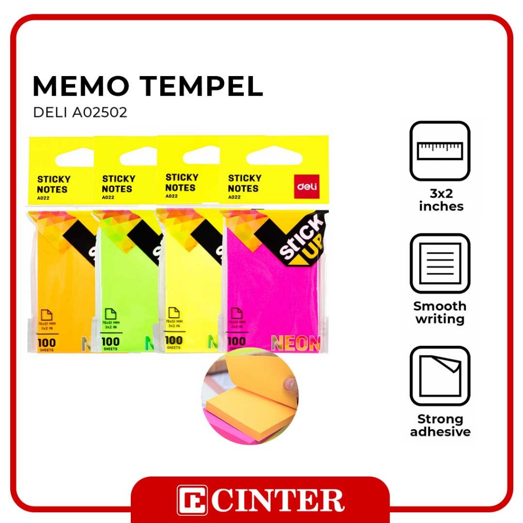 

DELI - MEMO STICKY / STICKY NOTE / KERTAS TEMPEL 76X126 MM NEON HANGER 4 WARNA 100 LEMBAR A02502