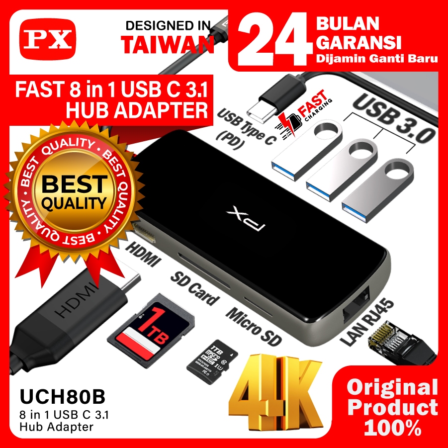 USB Type C Hub Converter to HDMI USB LAN Micro SD 8 in 1 PX UCH80B