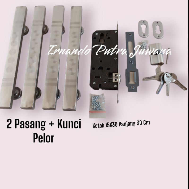 Handle Pintu Stainless Minimalis Gagang Pintu Model Kotak 15X30 Panjang 30 Cm + Kunci Body Pelor