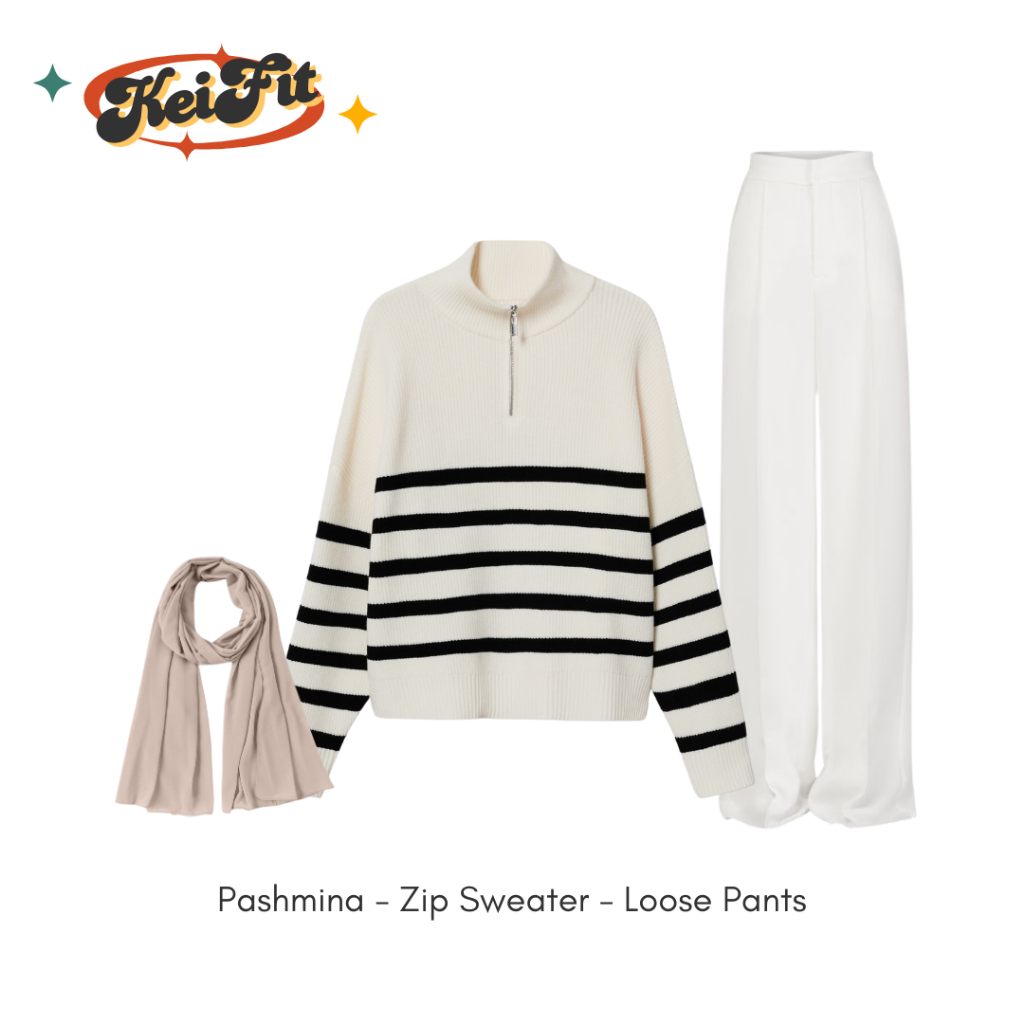 Blaster - One Set Korea - Outfit Korea - Set Korea Hijab - Zip Sweater - Loose Pants - Pashmina