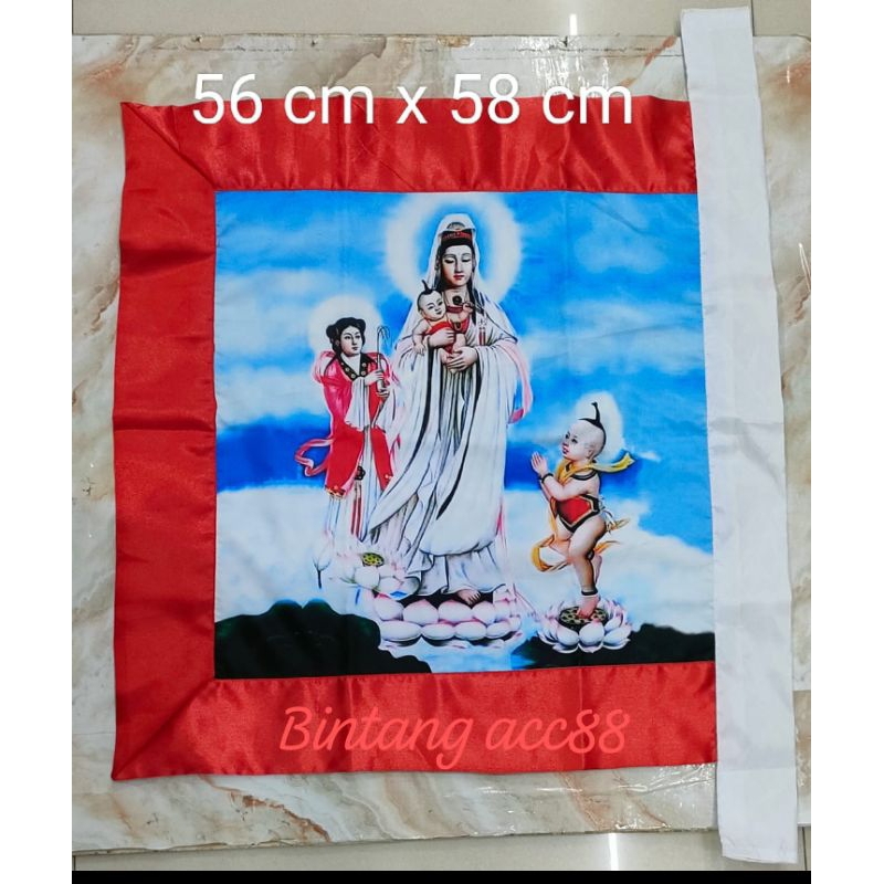 bendera dewi kwan im/ kwan in/ guan yin - berdiri- gendong anak - 56x58cm -list merah -f24
