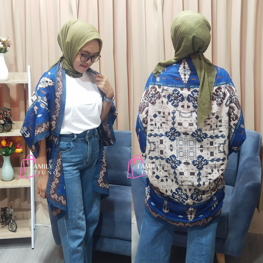 ( COD ) Outer Scarf Cardigan Voal Motif Sumba Biru/ Outer Scarf Cardigan Panjang Wanita Kekinian