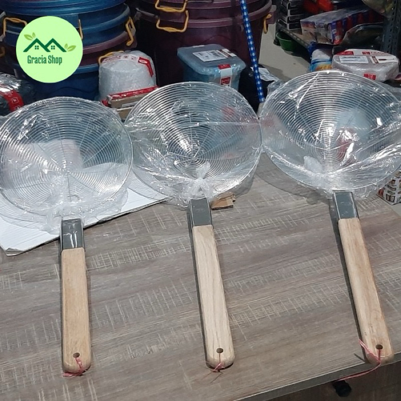 Serokan Gorengan Jumbo / Serok Parabola / Saringan Stainless Gagang Kayu