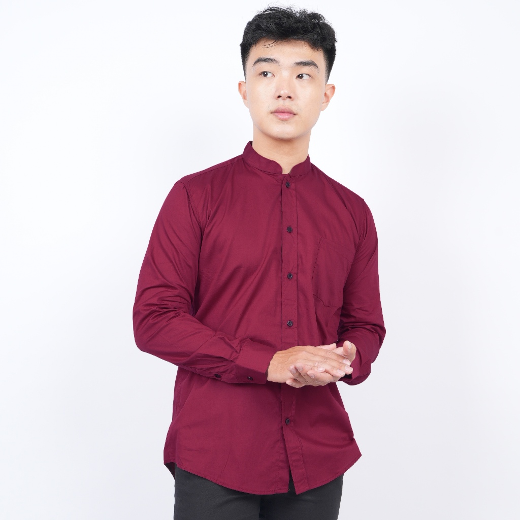 Kemeja Pria Lengan Panjang Polos MERAH MAROON Kerah Shanghai Tanpa Kancing Atas Slimfit Casual 3369