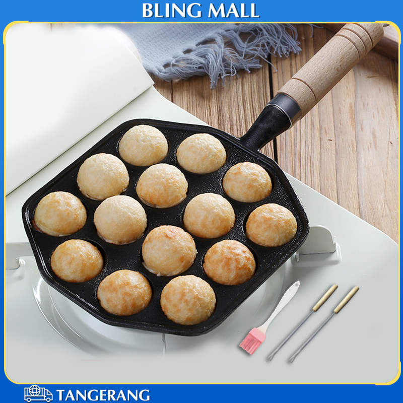 14 Lubang Wajan Takoyaki Anti Lengket Pegangan Kayu Panci Takoyaki Anti Lengket Tanpa Pelapis Pegang