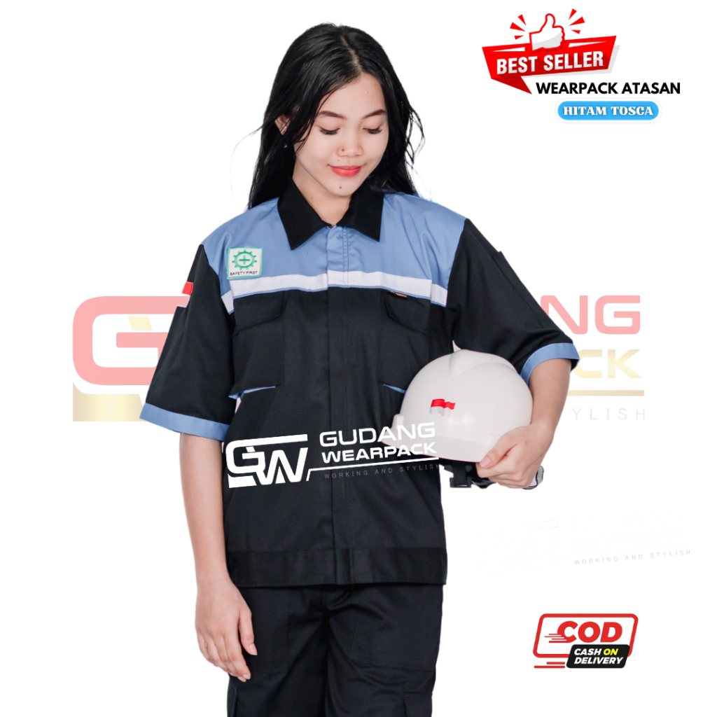 Wearpack Atasan Lengan Pendek Lis - Warna Hitam Biru tosca (baju kerja) - gudang wearpack