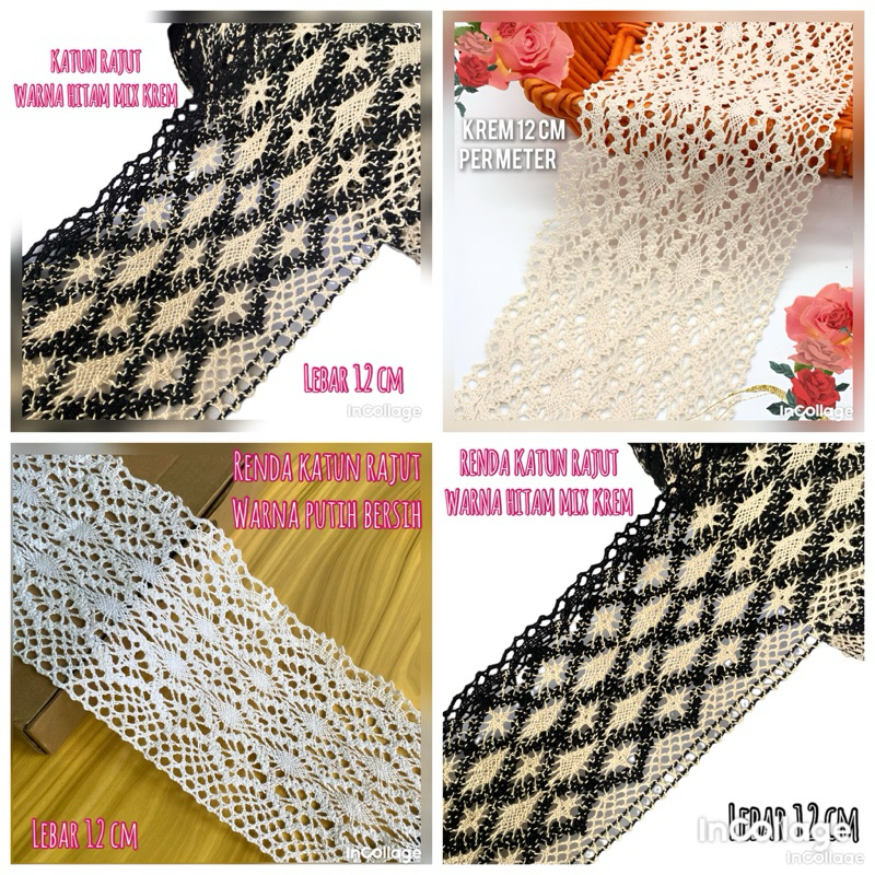 per meter,renda rajut warna putih krem dan hitam mix lebar 12 cm