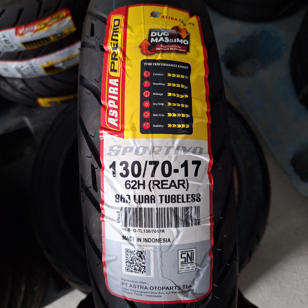 Ban Belakang Aspira Premio Sportivo 130/70-17 ring 17 Tubeless untuk CBR, CB, Vixion, Ninja