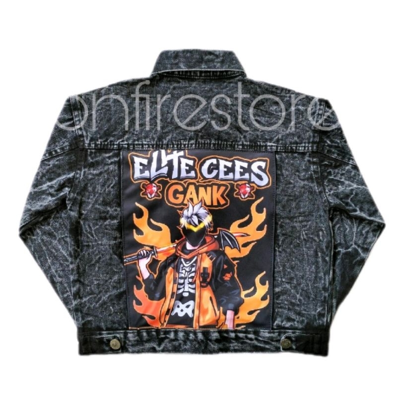 Jaket Jeans Denim Anak Laki Laki Perempuan FF Free Fire Elite Cees Gank Skin SG Orange Samurai denga