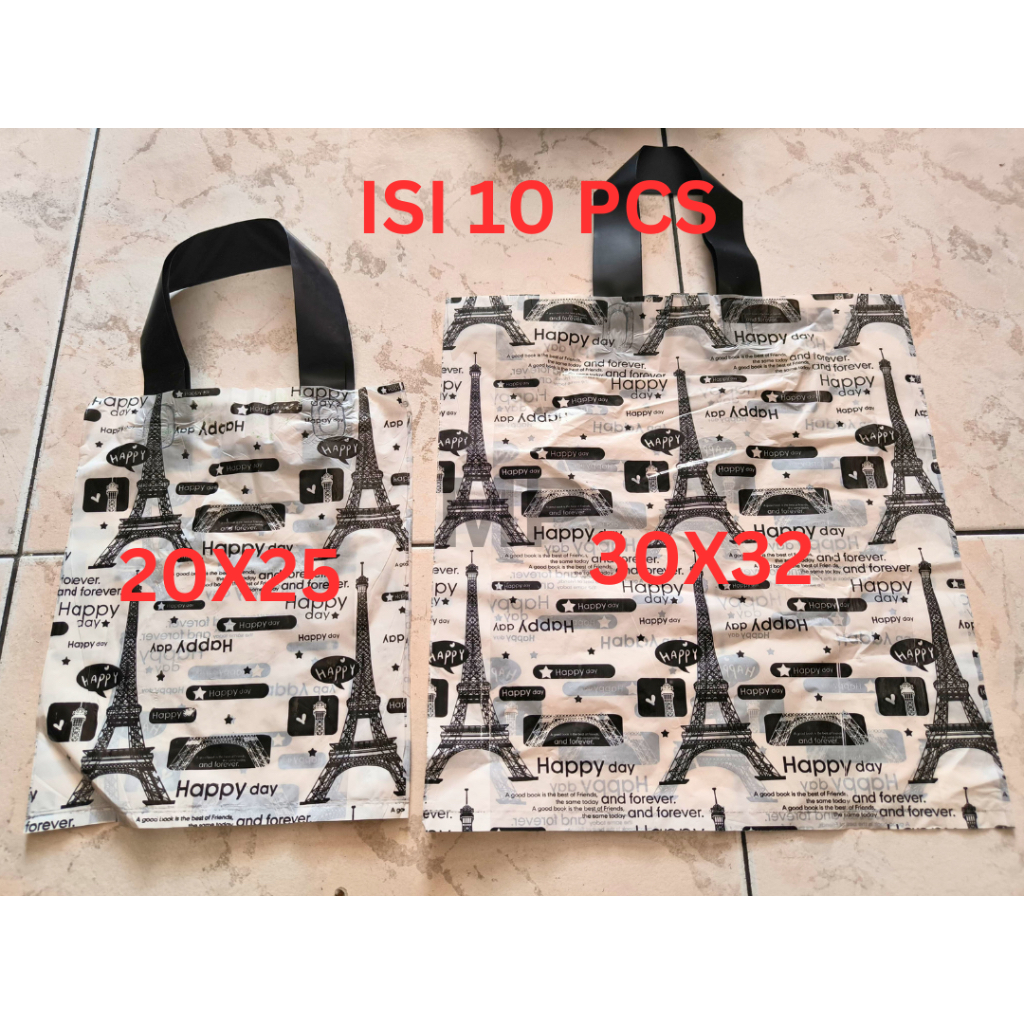 

Tas Plastik Paris/ Tas Hitam Putih/ Tas Tali Motif Paris UK 30x32cm, 20x25cm ISI 10 pcs