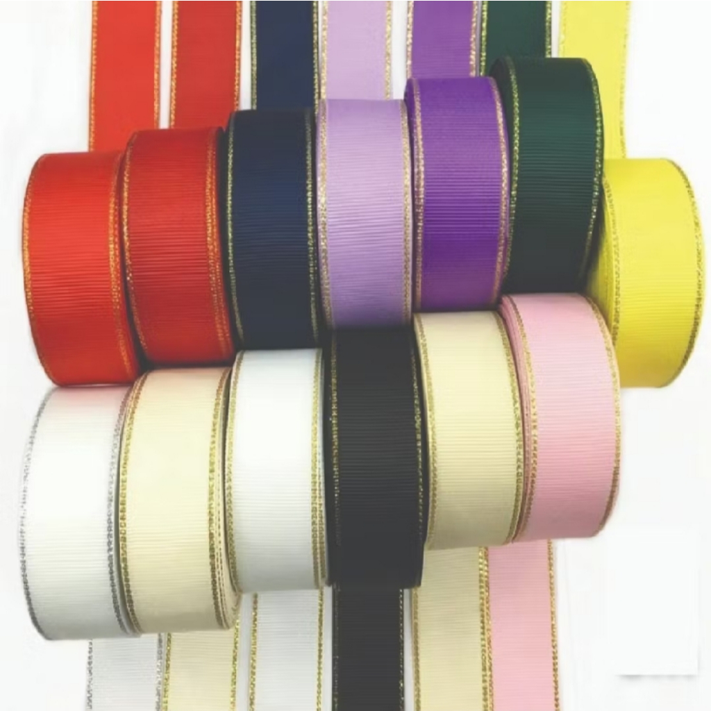 

1 Meter - 2.5 cm | Pita Grosgrain List Emas | Gold Metalic Edge Ribbon | Pita Glitter