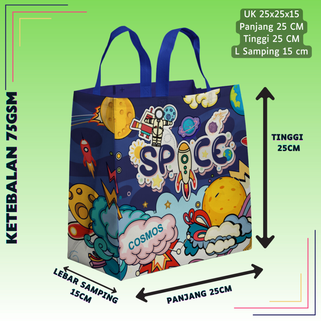 

(LUSINAN 12PCS) Tas Spunbond Goodie Bag Laminasi Box Karakter Ulang Tahun Anak Hampers Souvenir 25x25x15cm