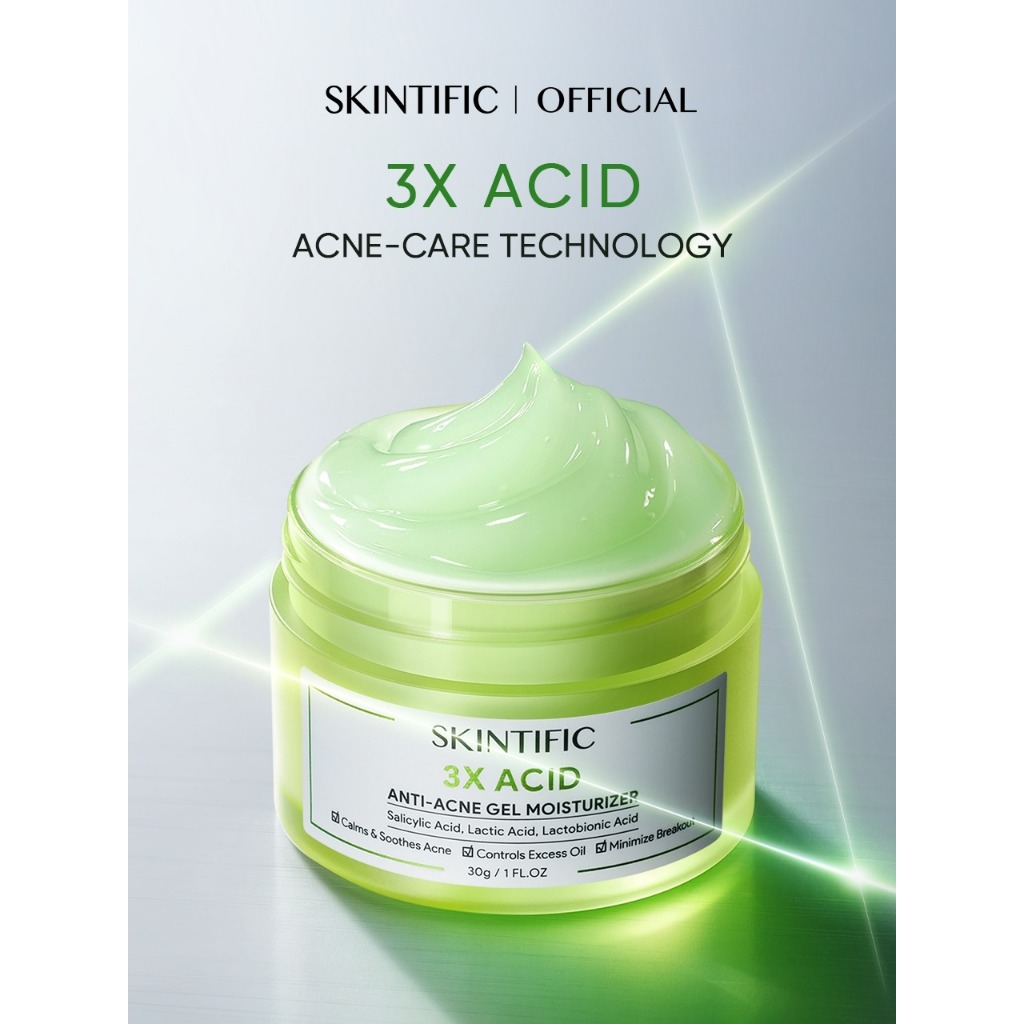 SKINTIFIC - 3X Acid Anti-Acne Gel Moisturizer 30g | Menghilangkan Bekas Jerawat Dan Kulit Beruntusan