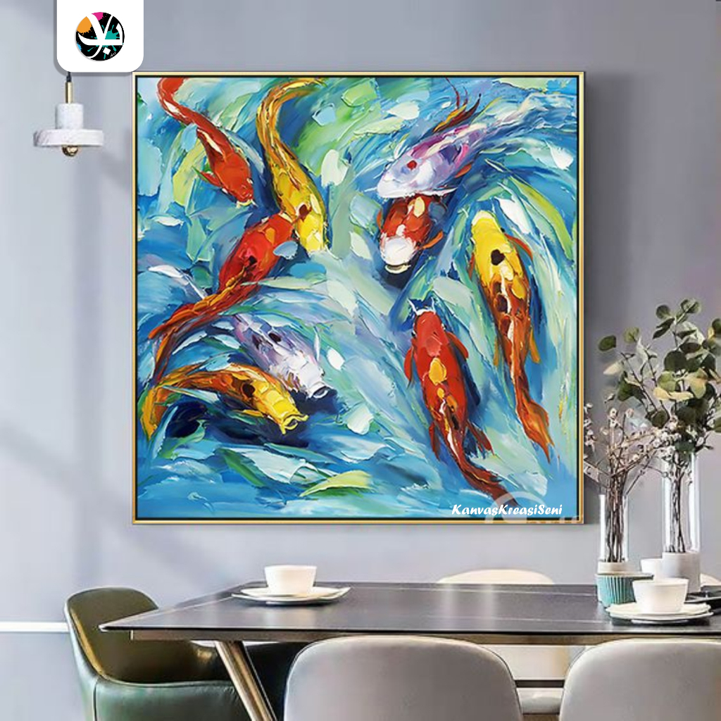Lukisan kanvas ikan koi abstrak - lukisan asbtrak timbul - lukisan tangan plus frame