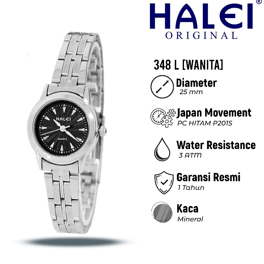 Wah Halei 348 L  Jam Tangan Wanita Halei Rantai Stainless Back Kekan  Tahan Air dan Garansi 1 Tahun
