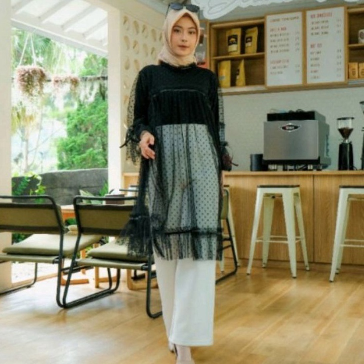 FG2 ERDE 15 Elmira  Tile Tunik polkadot outer wanita outfit kondangan wisuda lamaran