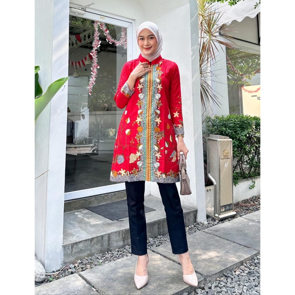 TUNIK BATIK MODERN ATASAN WANITA JUMBO  BAJU SERAGAM TERBARU BATIK AL 16 KERAH SHANGHAI