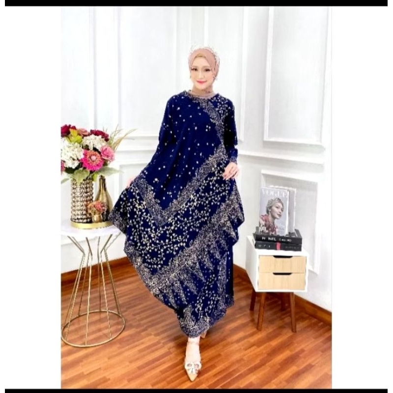 one set dress rok batik cap wajik bunga navy
