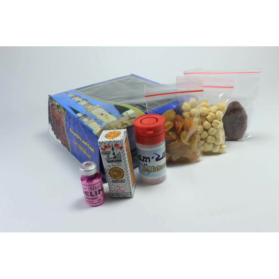 

Paket Kardus G Kurma-Botol zam zam 15 ml-k•arab-kismis-pitek-parfum-Isi 10