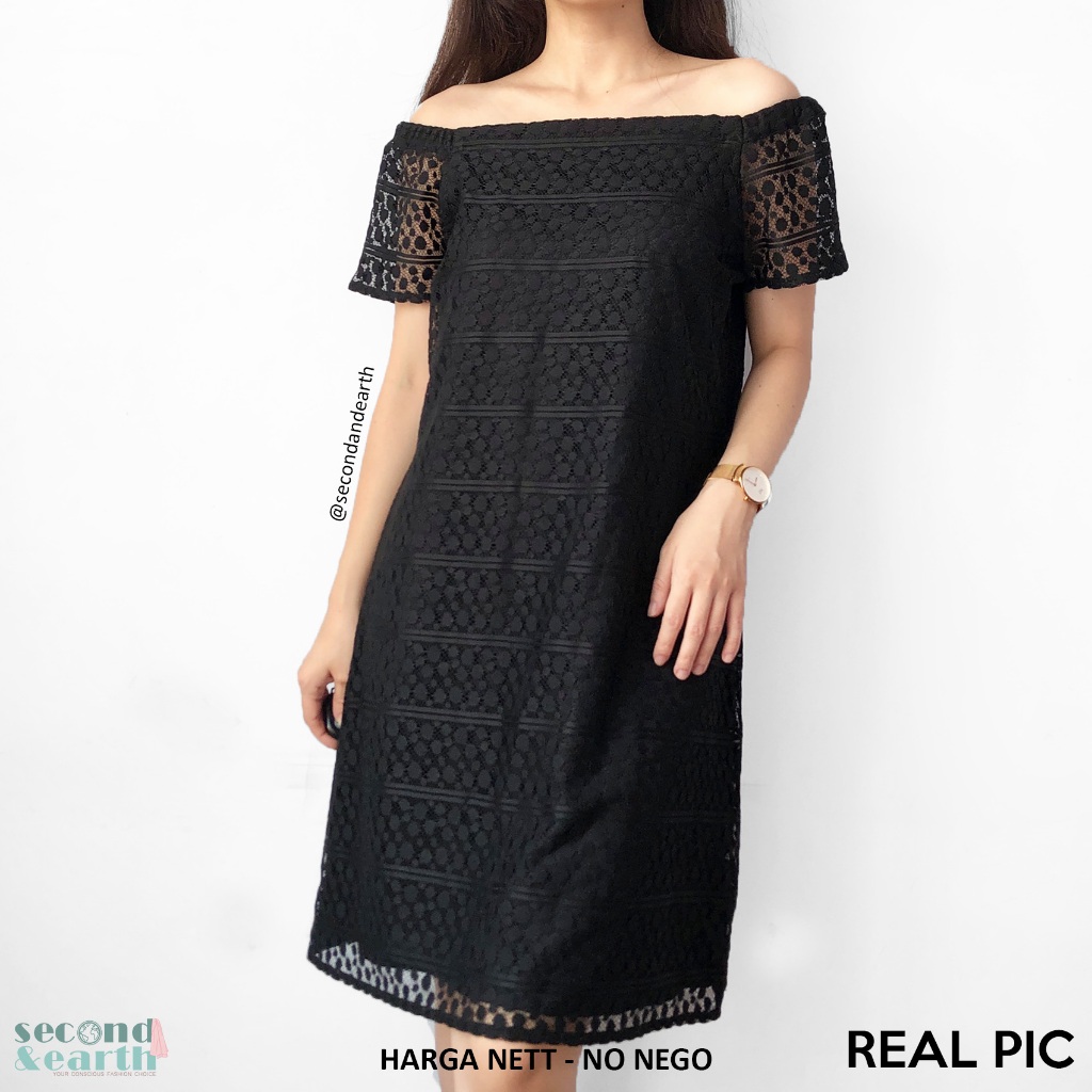 BLF Women Dress (S-M) Terusan Lengan Pendek Dress Sabrina Brokat ALine Hitam Polos Shorts Sleeve Off