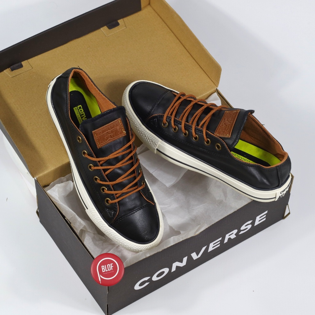 Sepatu Sneakers Pria Wanita Converse Kulit Leather Low Hitam Putih Tali Bulat Super Premium Import O