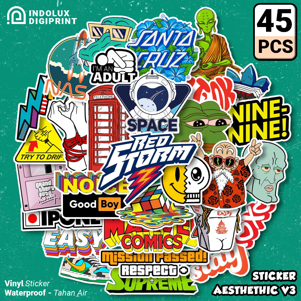 

45pcs Sticker Aesthetic V3 Brand Logo Vibe Hyped Stiker Aestetik Distro Stiker Anti Air Untuk Gitar