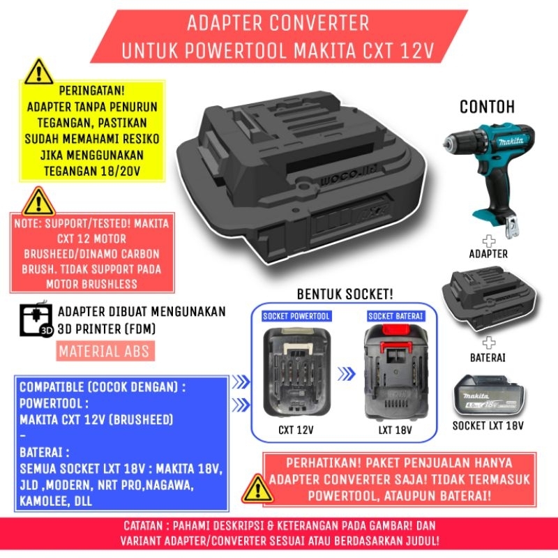 Adapter Baterai Socket LXT 18V (Makita) - U/Tool Makita 12V (CXT), 3DPrint ABS.